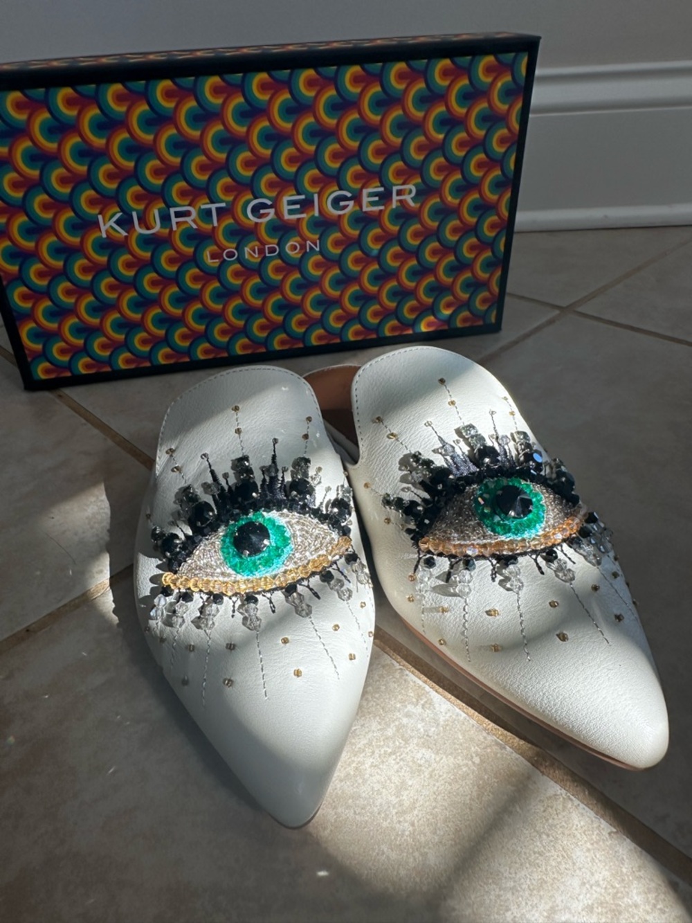 Kurt Geiger White Leather Pointed Eye Embellished Mules